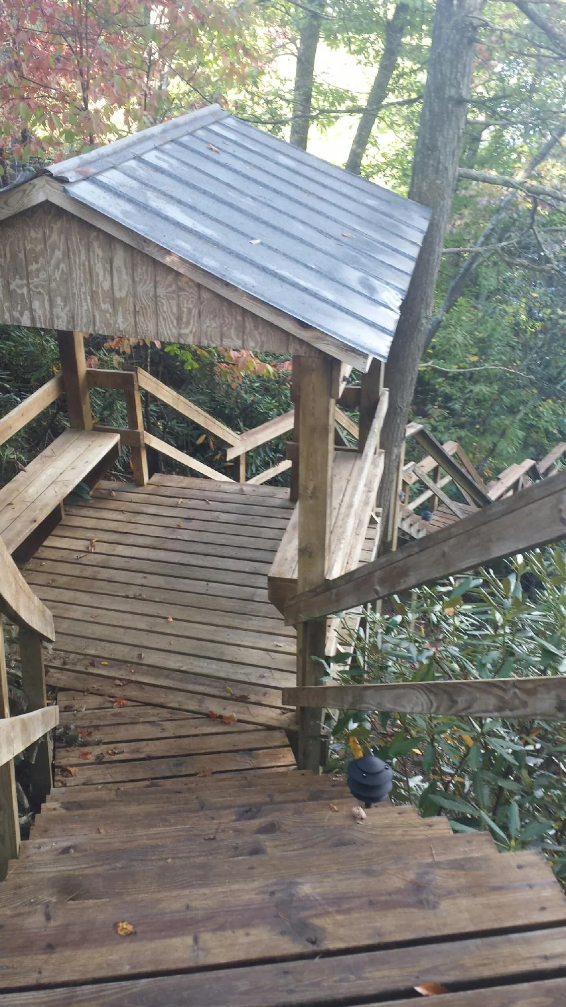 Metal roofed shelter over wooden steps on a wooded walkway — Skylight Repair & Installation work by our crew in Alva